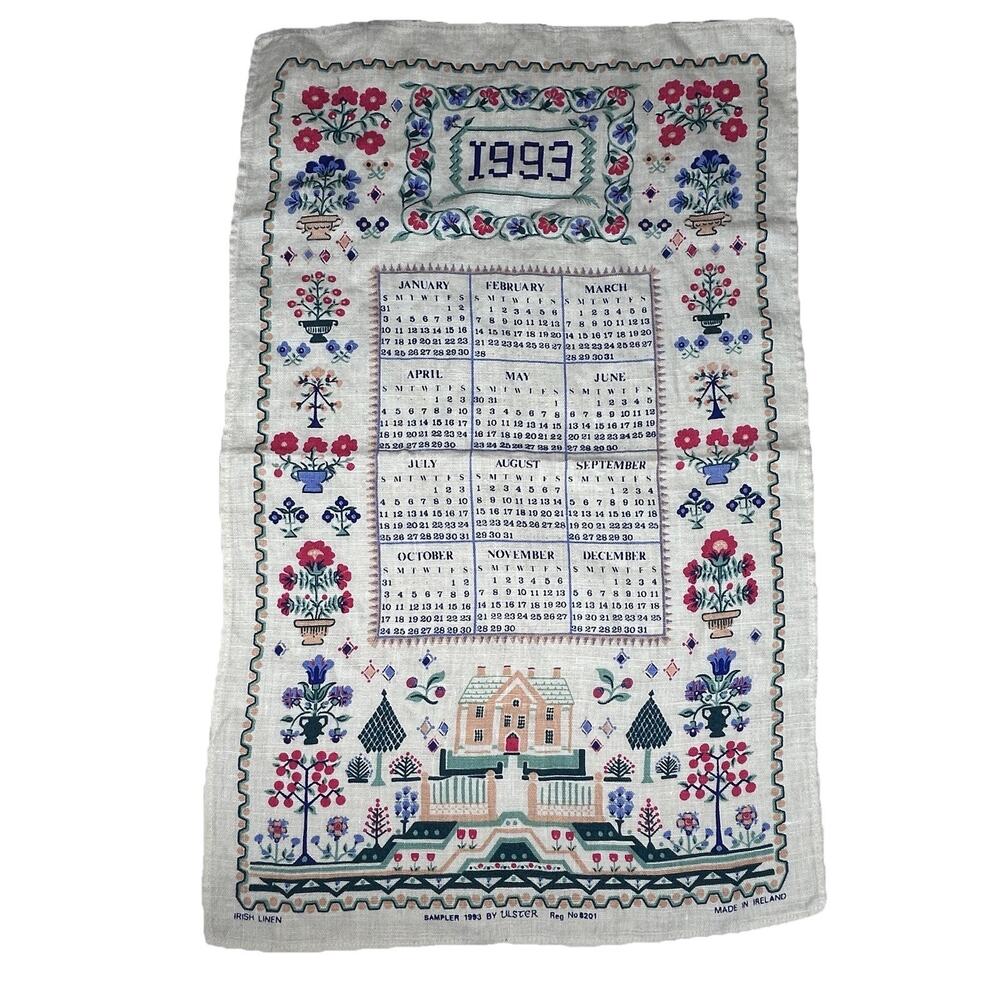 VTG Irish Linen tea towel Sampler 1993 Ulster printed calendar made in Ireland